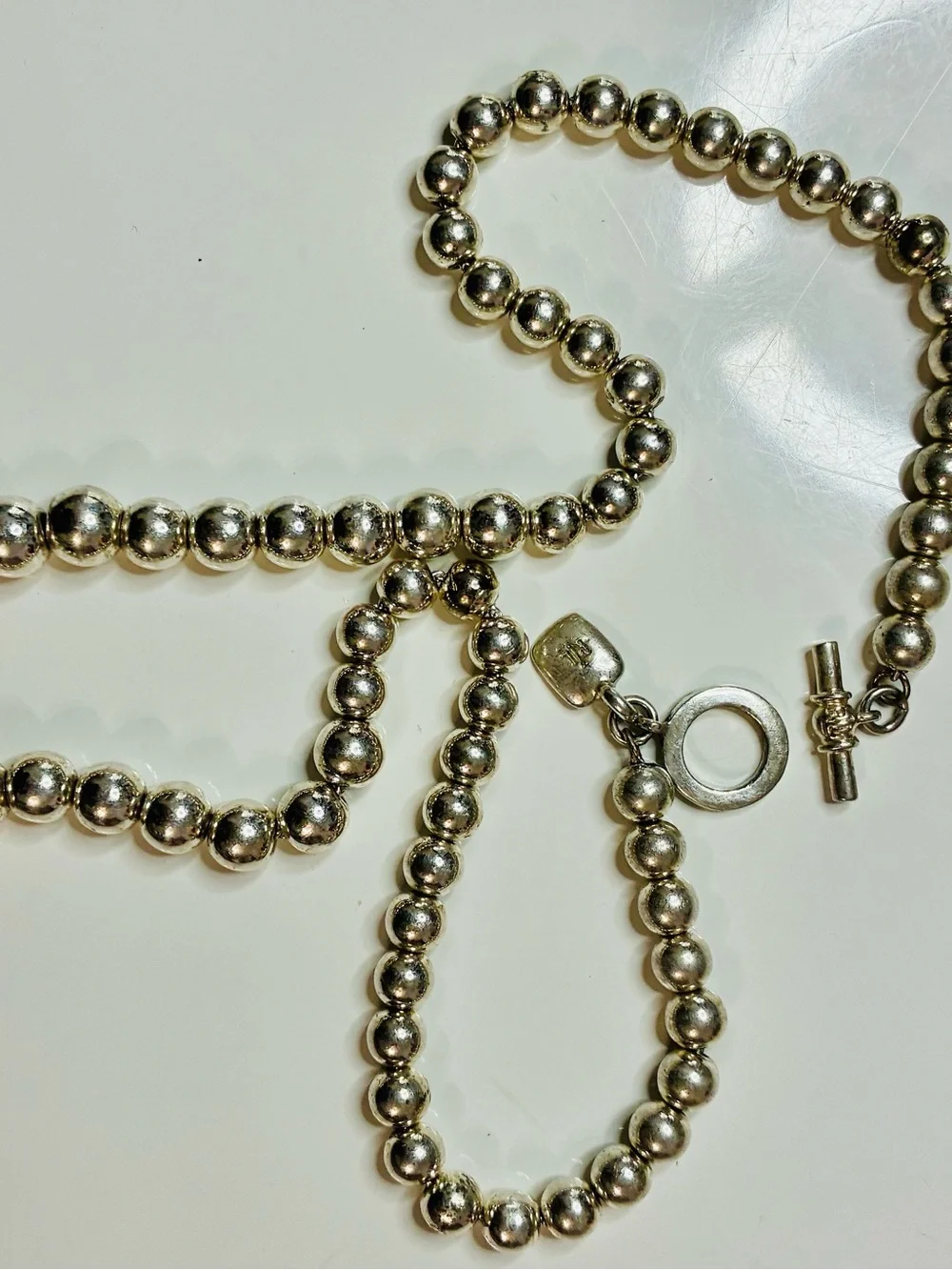 VTG Lauren Ralph Lauren Silver Plated Classic Beaded Toggle Necklace Signed 82g